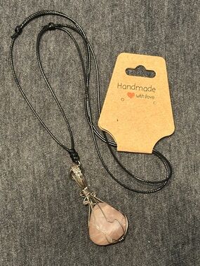 Handmade Pink Rose Quartz Wire-Wrap Necklace on Black Adjustable Cord